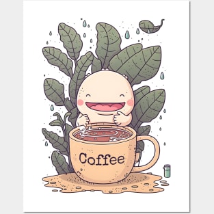 Funny Axolotl & Coffee Kawaii Anime Posters and Art